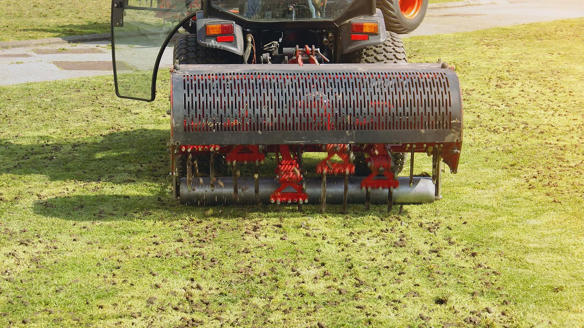 Our landscaper on a core aeration machine on a property in Downtown Memphis, TN.