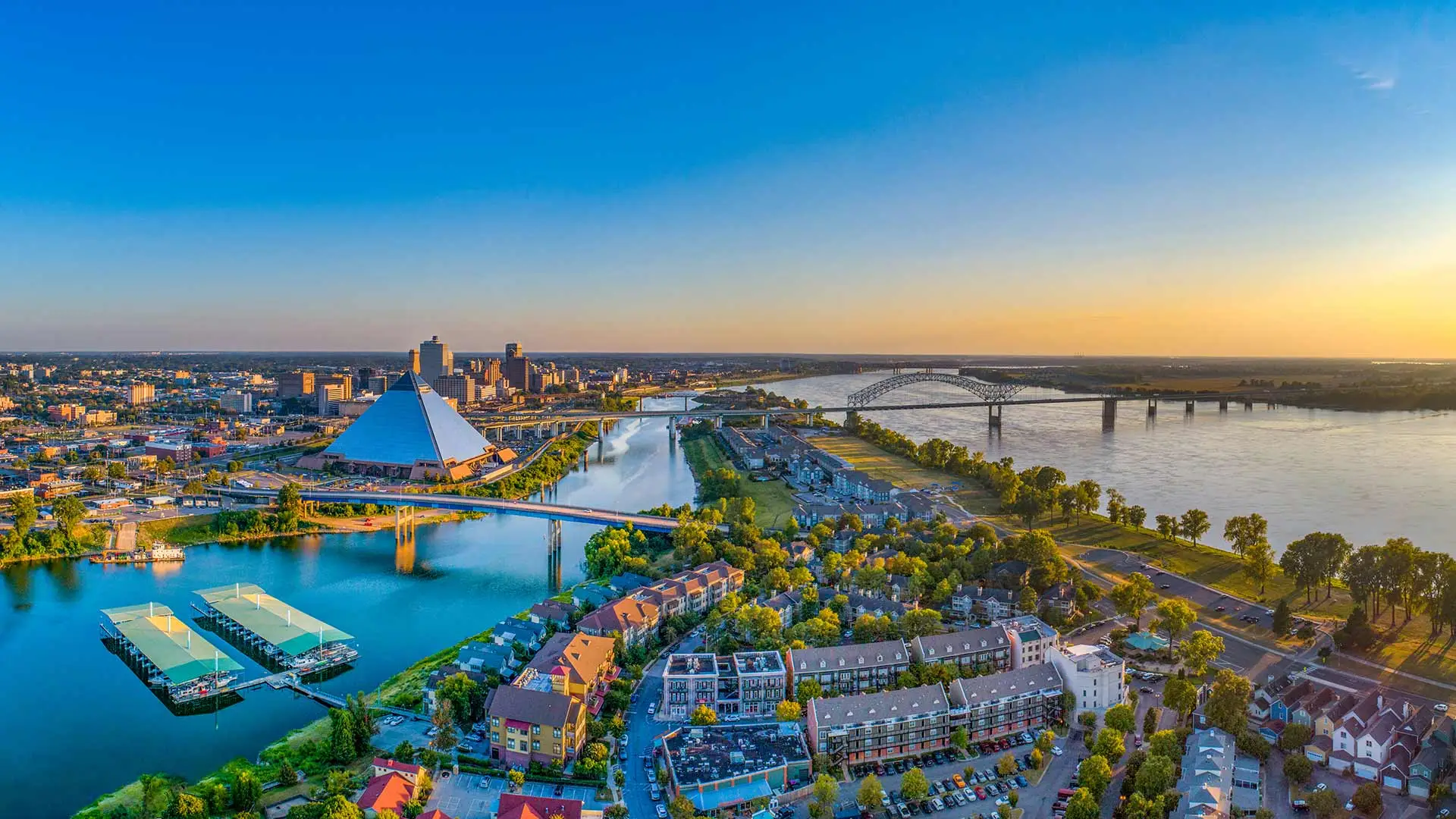 Aerial view of downtown Memphis, TN with the Pyramid and Mud Island.