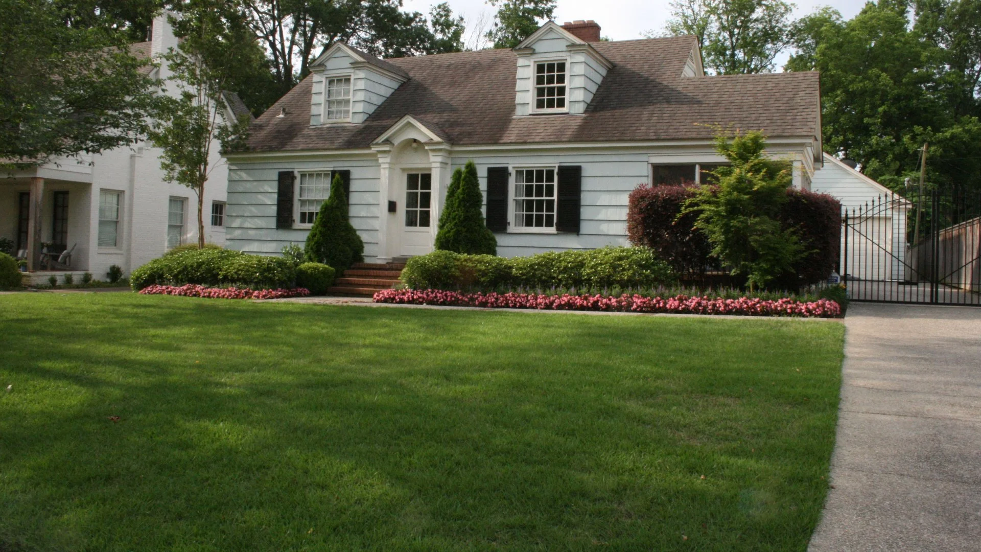 Flowers and shrubs in landscape beds.