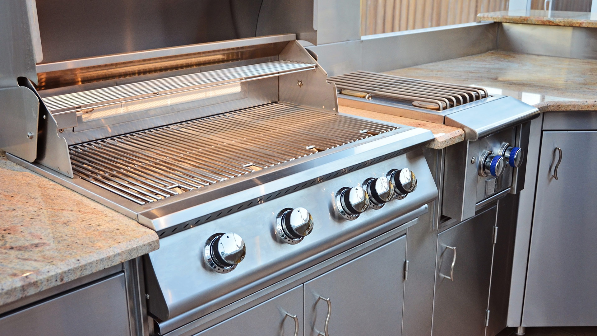 A brand new grill installed in an outdoor kitchen behind a home in Oakland, TN. 