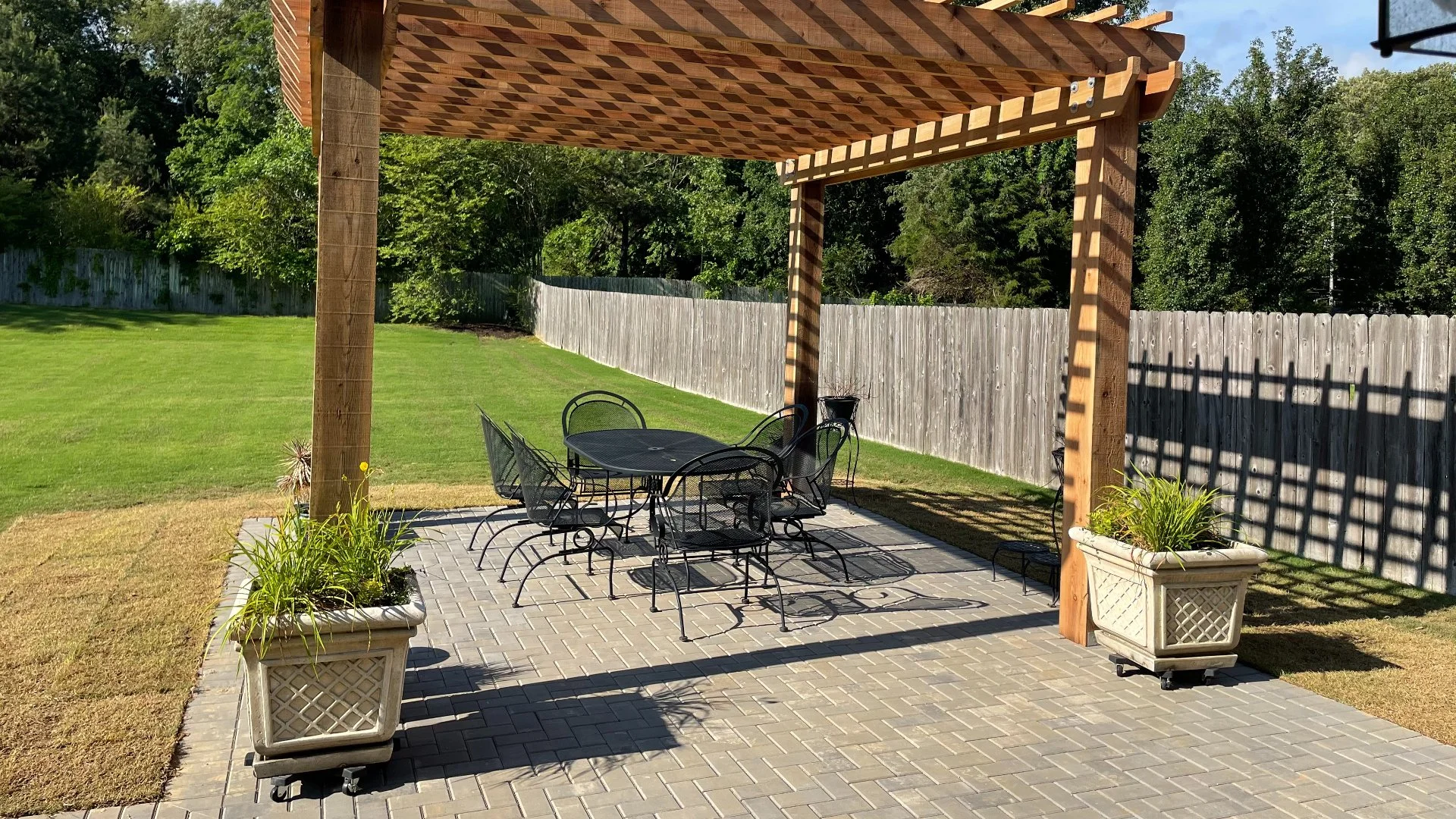 Flowers and shrubs in landscape beds.
