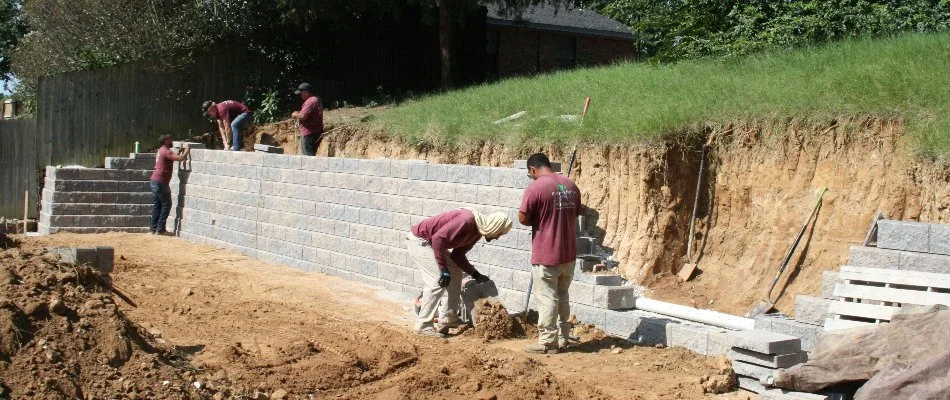 Crew constructing a retaining wall in Memphis, TN.