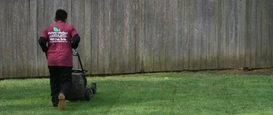 Lawn service employee mowing a lawn in Memphis, TN.