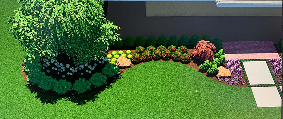 3D landscape design with trees, plants, and flowers for a home in Bartlett, TN.