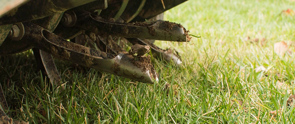 Aerator machine in lawn in Bartlett, TN.