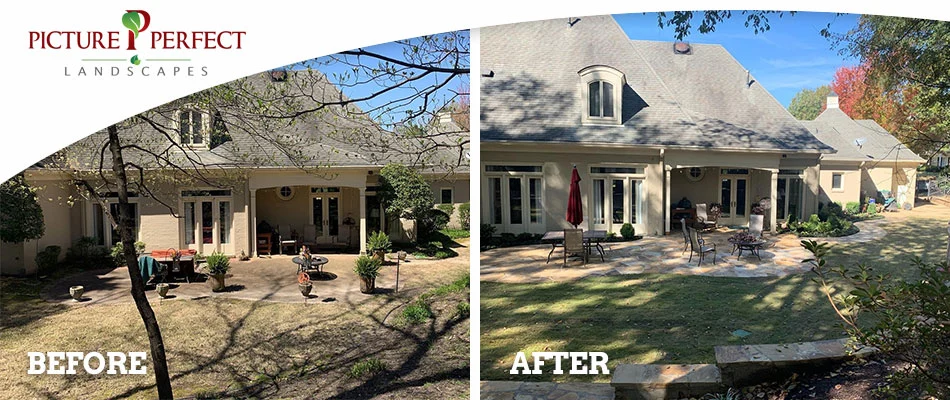 Before and after a custom flagstone patio installed at a Collierville, TN home.