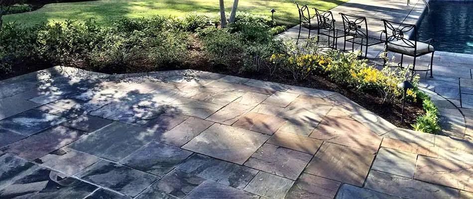 Custom flagstone patio installed at a home in Bartlett, TN.