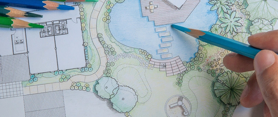 Landscape design blue print with colored pencils near Collierville, TN.