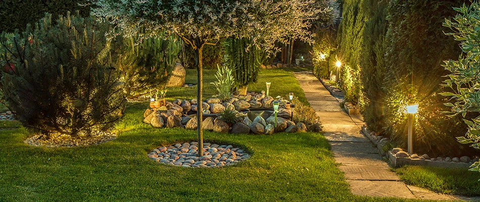 Landscape lighting along landscape beds and walkway near Oakland, TN.