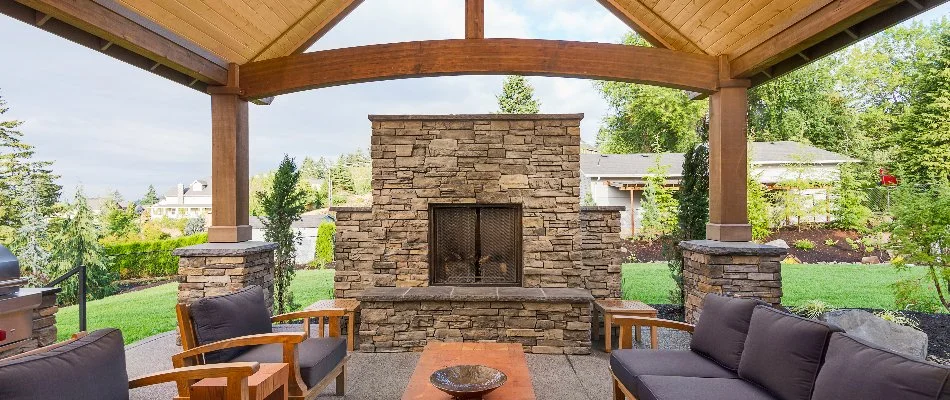 Outdoor fireplace under a pavilion in Memphis, TN.