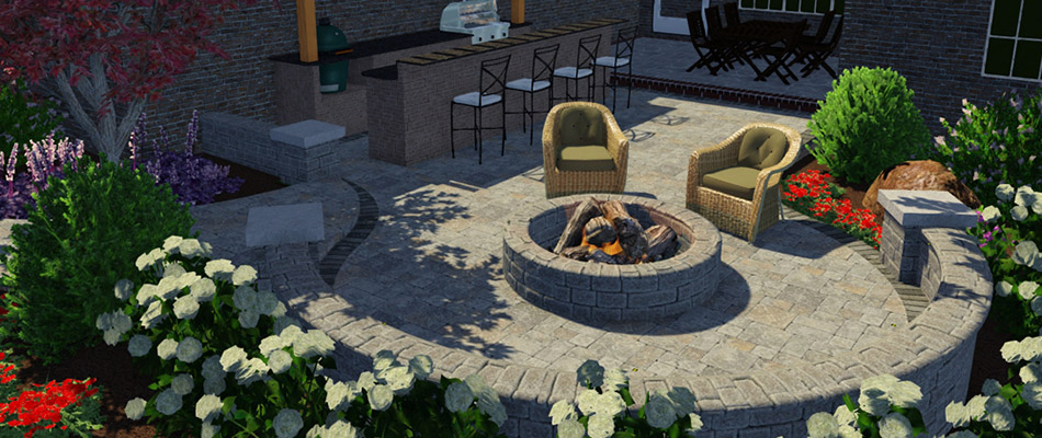 3D rendering of a proposed patio and fire pit landscape design in Memphis, TN.