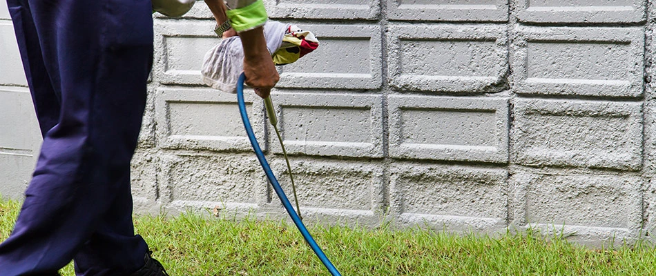 Professional spraying perimeter pest control to base of a home in Memphis, TN.
