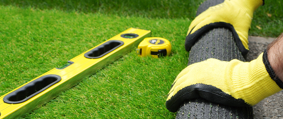 A professional measuring artificial turf to be installed in Lakeland, TN.